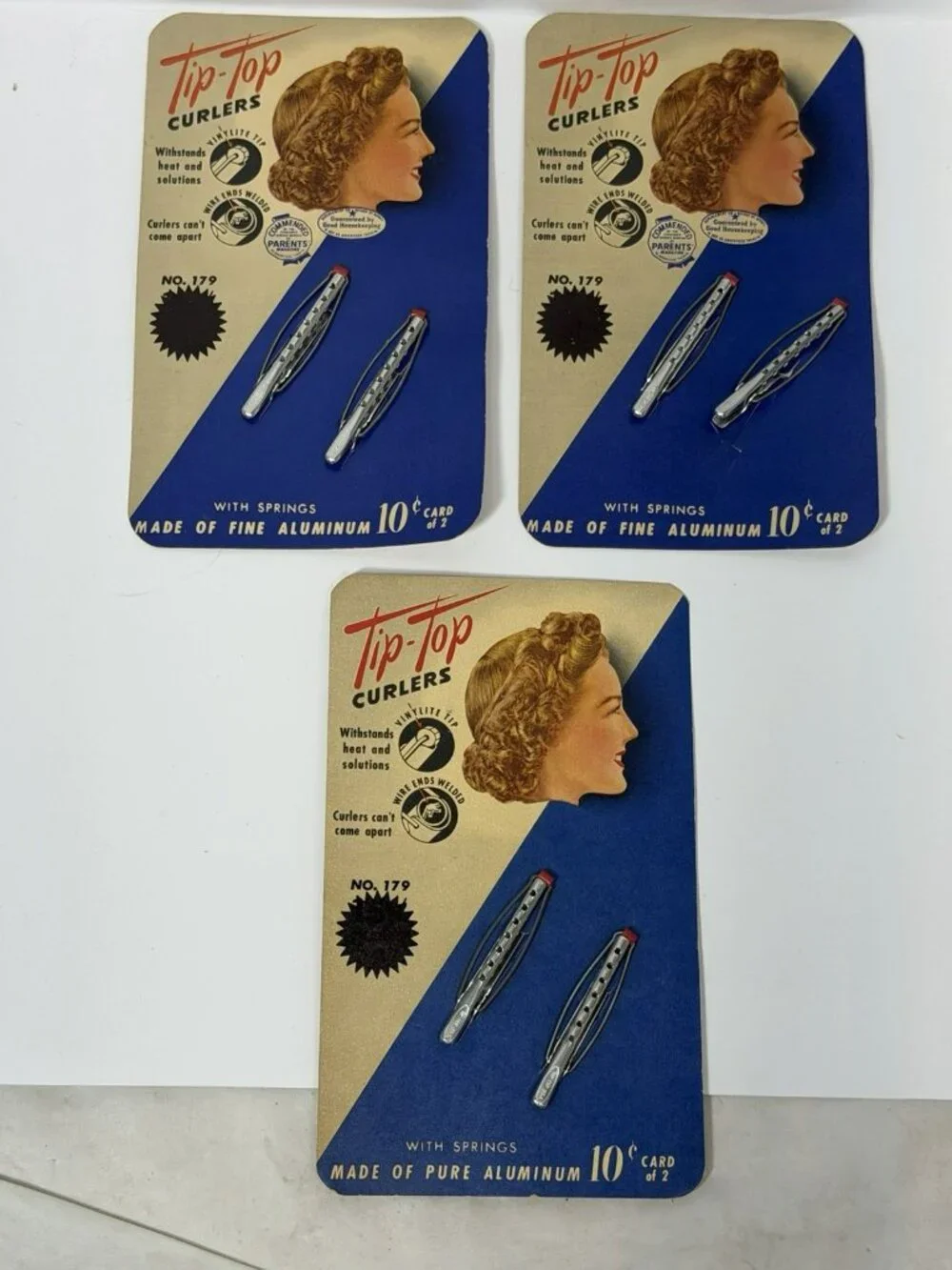 NOS 3 CARDS (6) Vintage 1950s Tip-Top Products Curlers Aluminum Vinylite Tip 179